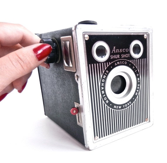 Ansco Shur Shot camera - Black Vintage Box Camera / 1940s Pinstriped