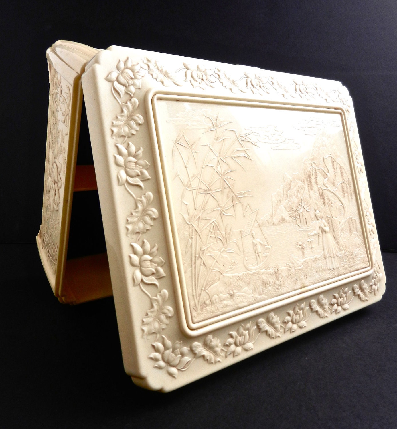 Celluloid Asian Jewelry Box - Vintage Large Ivory Off White Sewing Box / Ornate Oriental