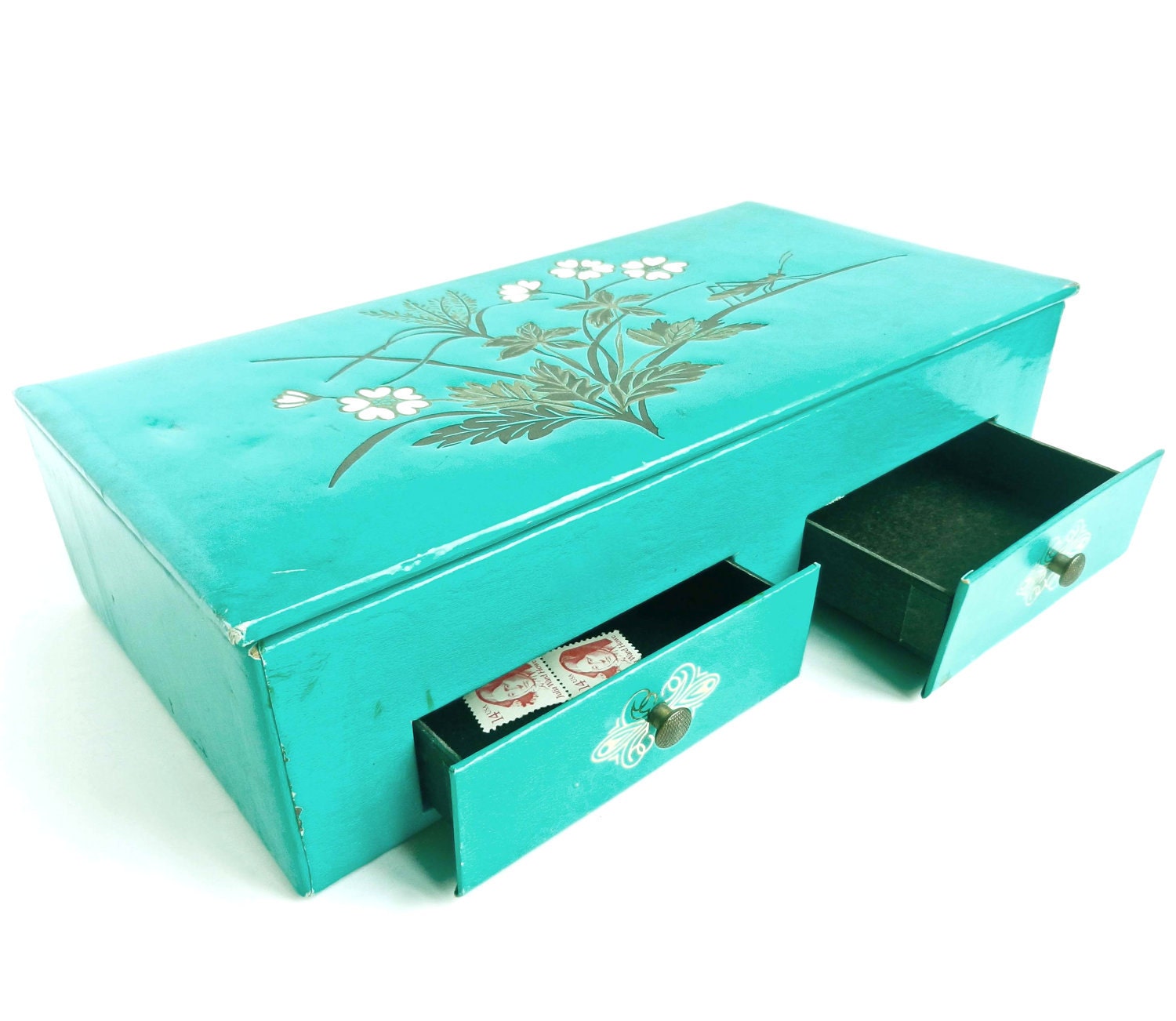 Teal Flower Stationary Box - Vintage Jewelry, Organizing, Box / Blue Green Drawers