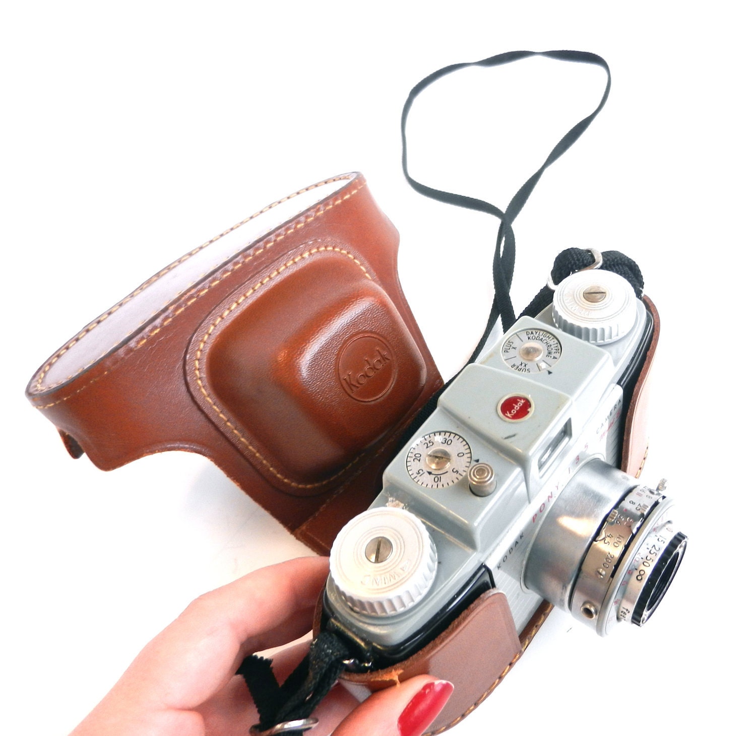 Vintage Kodak Pony 135 Camera - Brown Leather Field Case / Mid Century Photography
