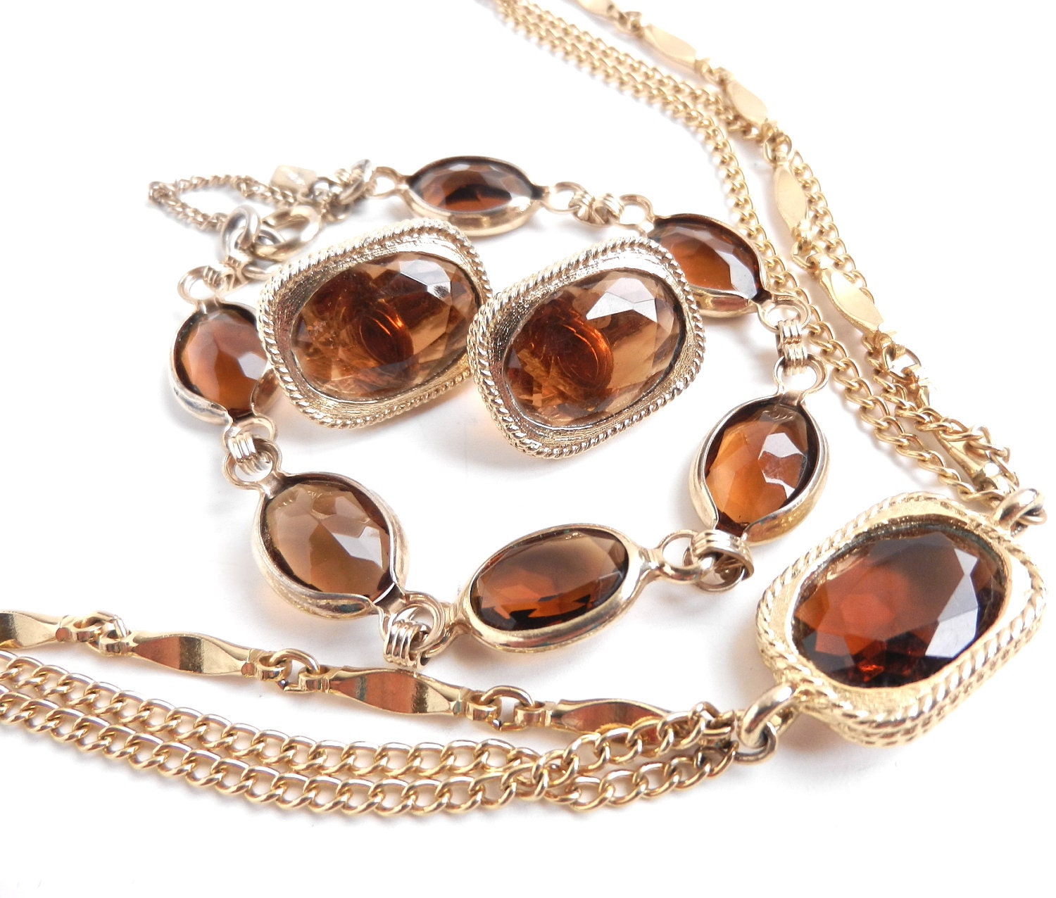 Sarah Cov Jewelry Set - Vintage Necklace, Bracelet, & Clip On Earring Parure - Gold Tone Brown Glass Costume Jewelry / Amber