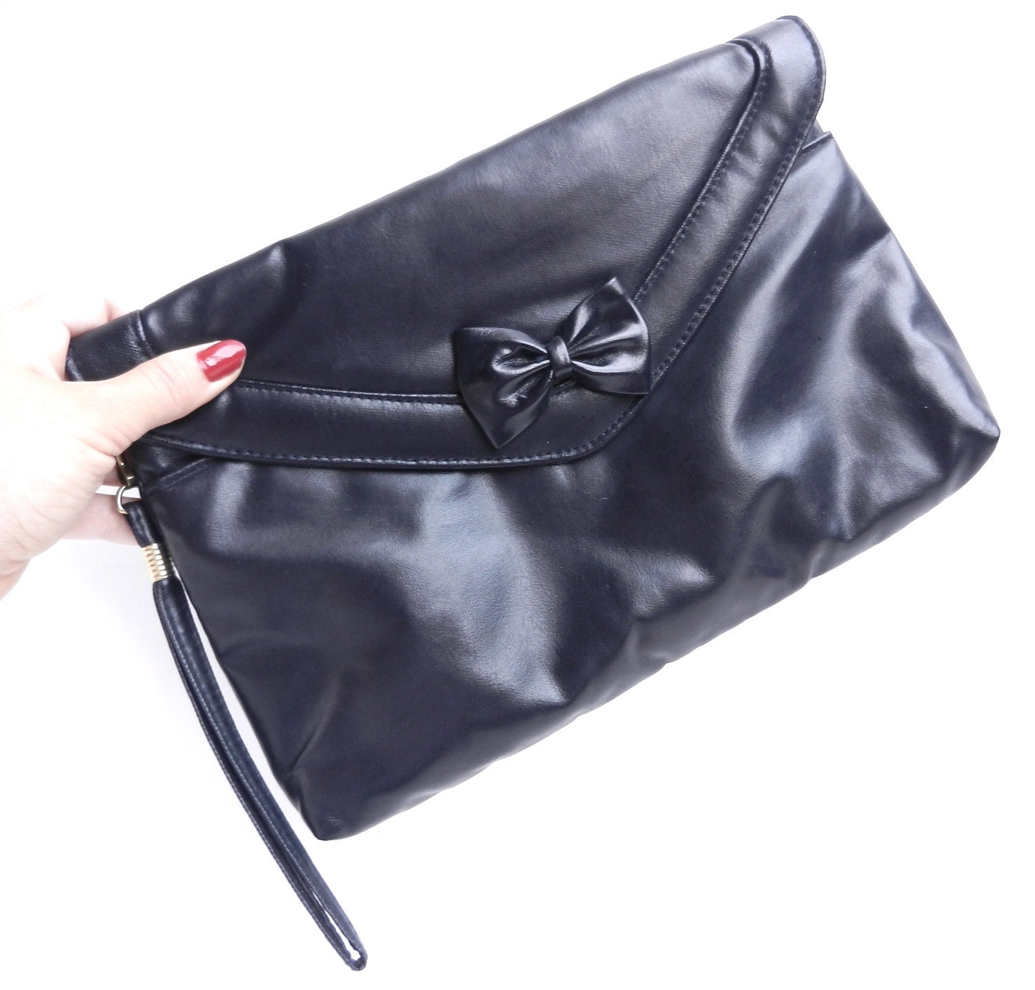 Vintage Navy Blue Clutch - Retro Faux Leather Vegan Wristlet / Bow Bag