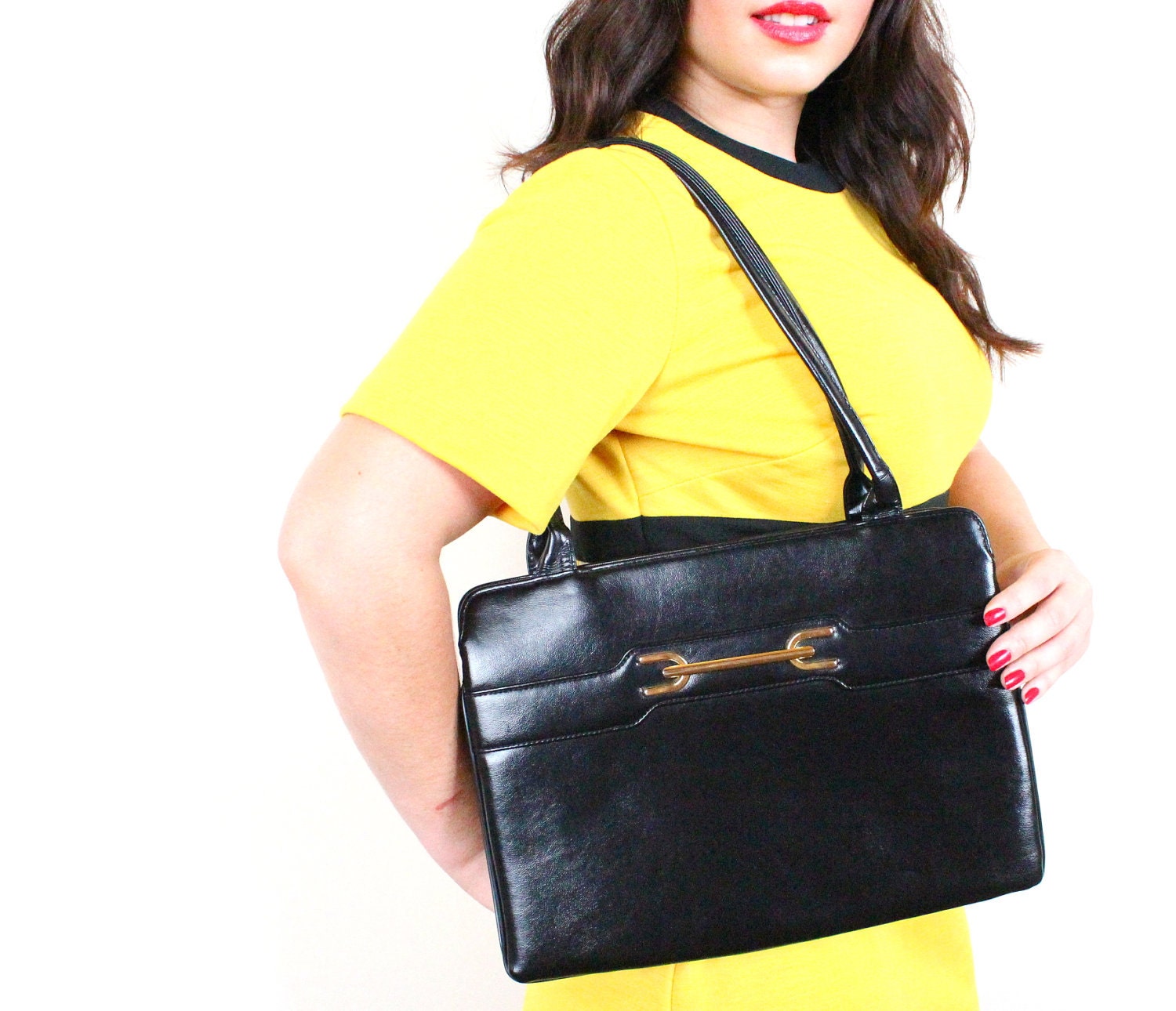 Black Bag - Vintage 1960s Thin & Sleek Structured Purse / Classy Tote