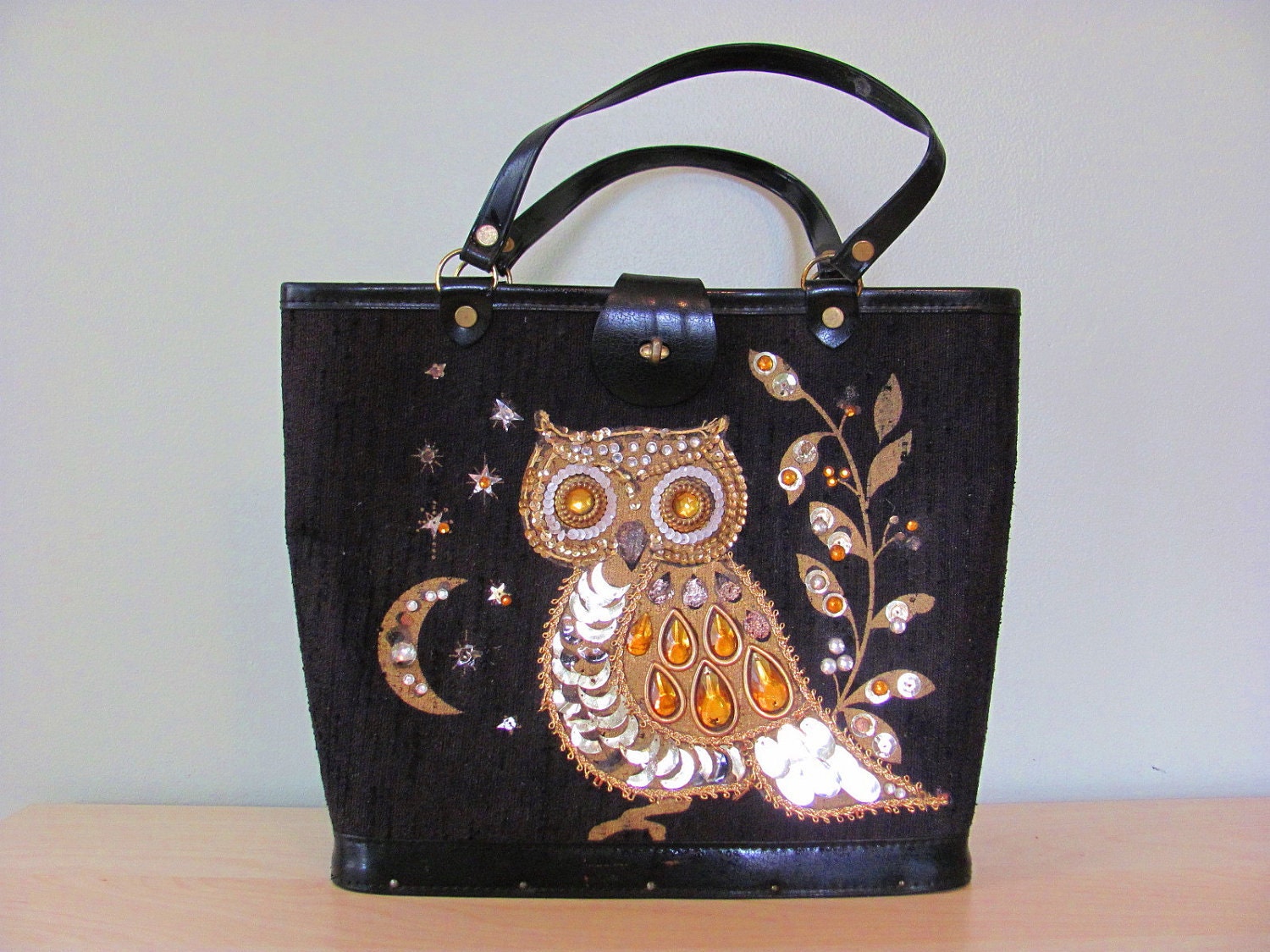 Vintage Antique Shabby Chic 50s Glamourous Golden Sequin Embellished Owl Mod Black Linen Pleather Purse Handbag Bookbag
