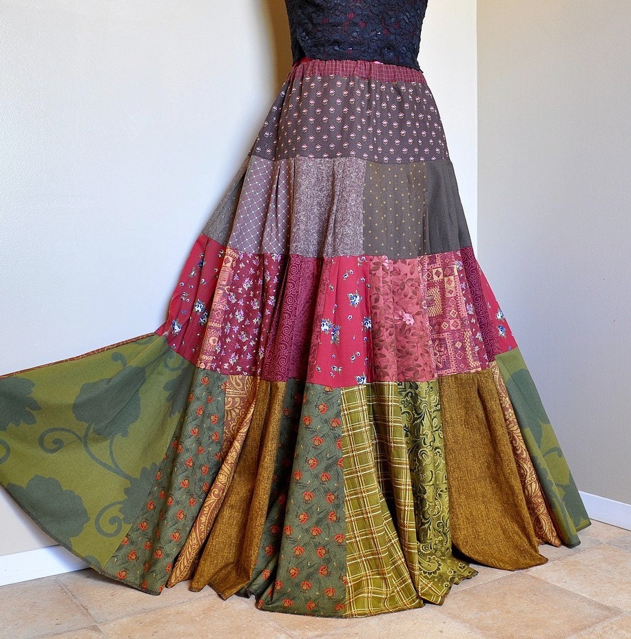 Under the Cedar Tree - Long Twirly Patchwork Hippie skirt, Tiered Bohemian Gypsy Skirt, One of a kind, Best for sizes - S, M, L
