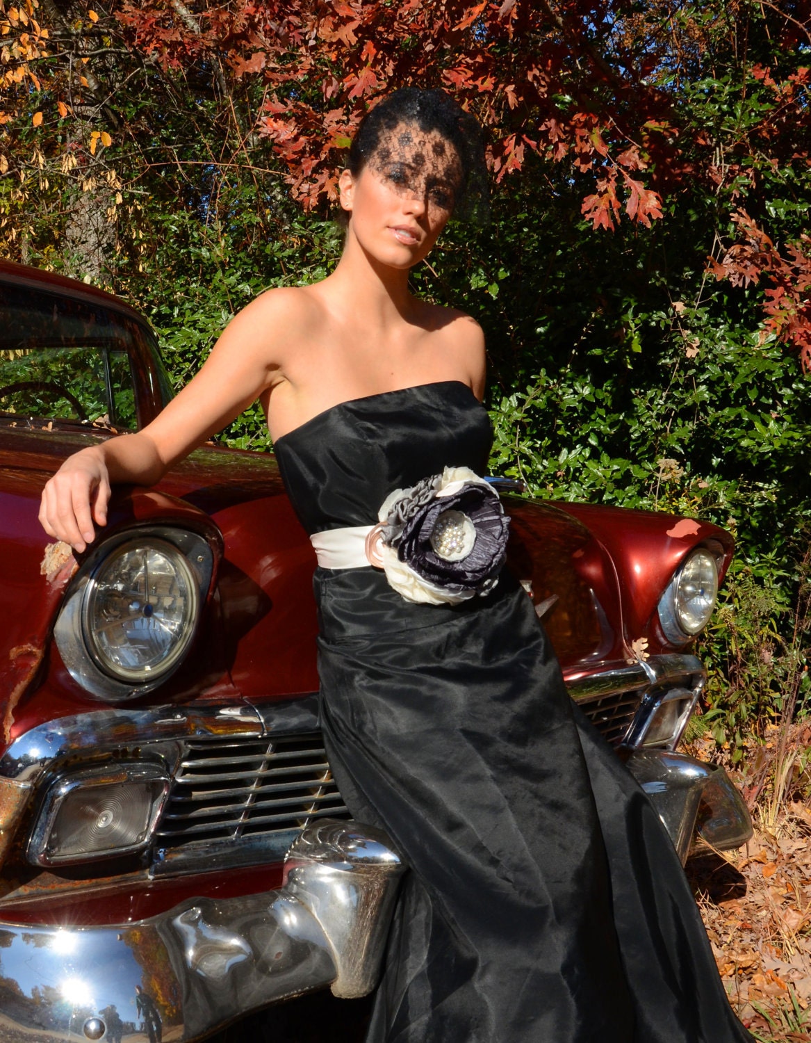 Statement Bridal Belt Wedding Dress Sash in Charcoal Graphite Ivory and Champagne