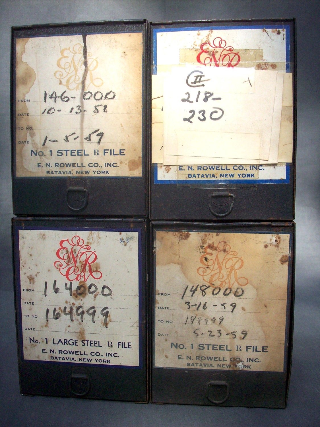 RESERVED for JYA 1124  Vintage Pharmacy Rx File Boxes / E.N. Rowell Co. Inc. Batavia New York /Set of 4