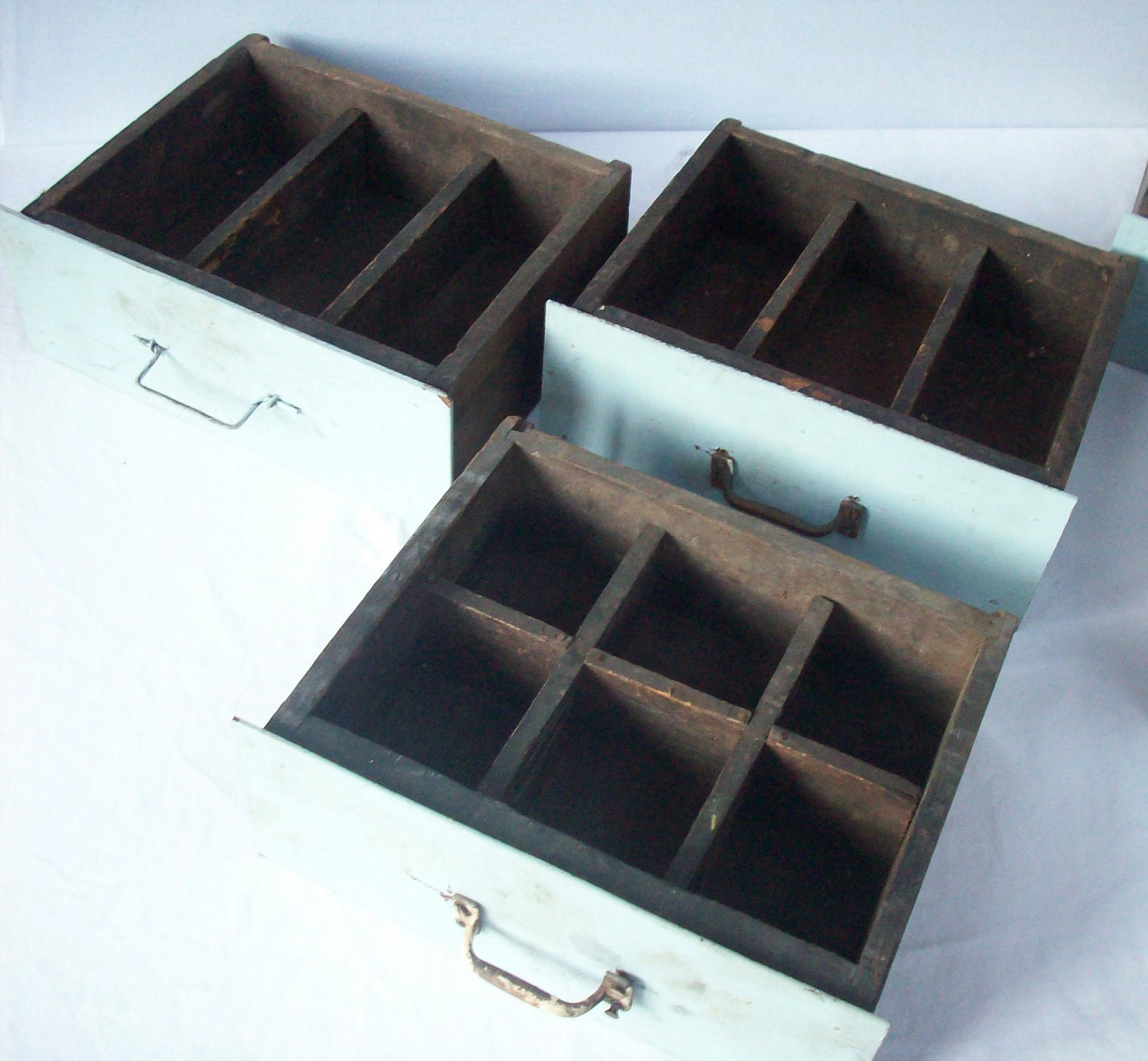 Vintage 6 Drawer Painted Wood Cabinet / Rustic Primitive Handmade / Industrial Storage