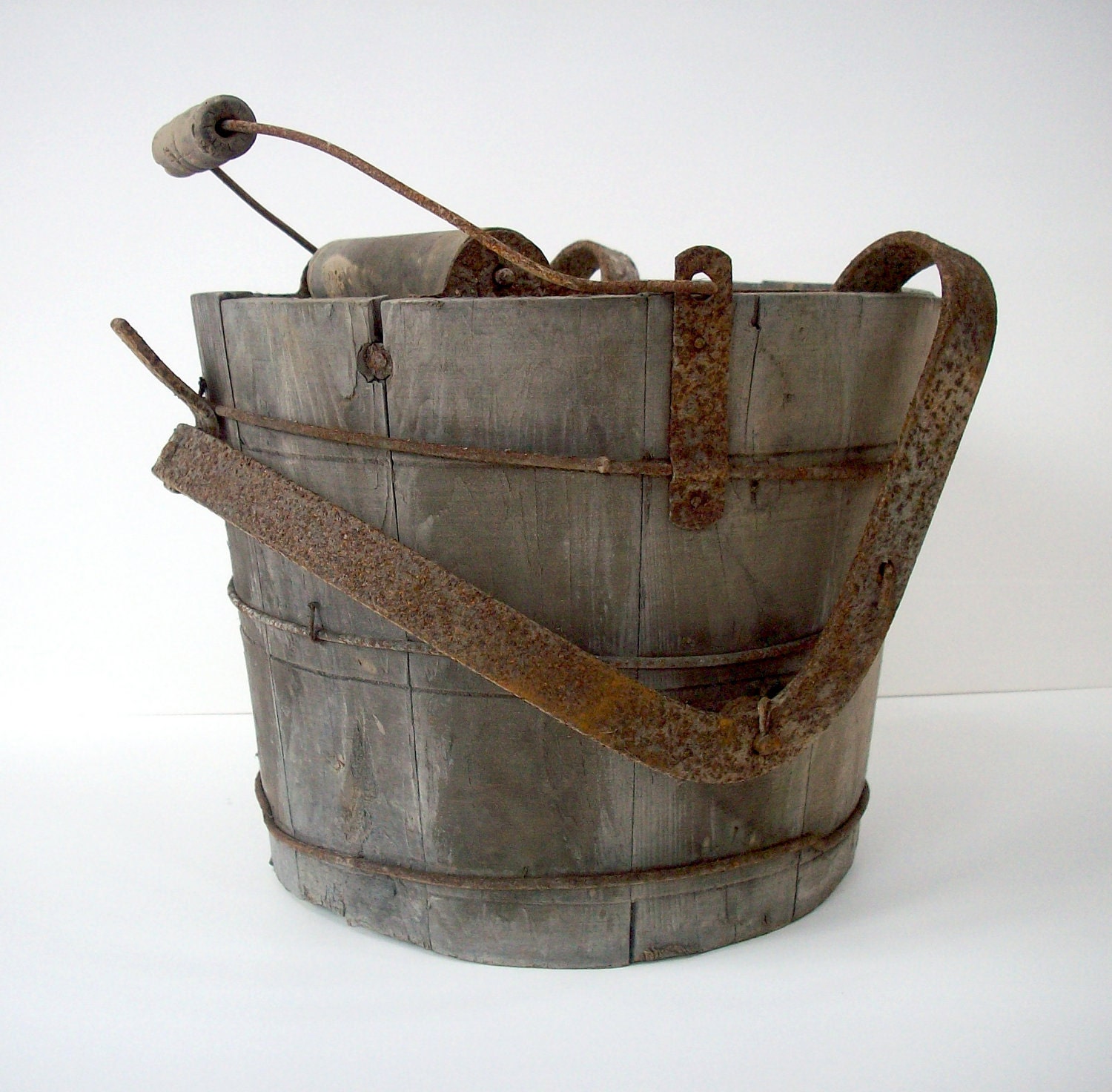 S A L E Vintage Wood Mop Bucket with Wringer Hardware / Tongue and Groove Barrel Construction