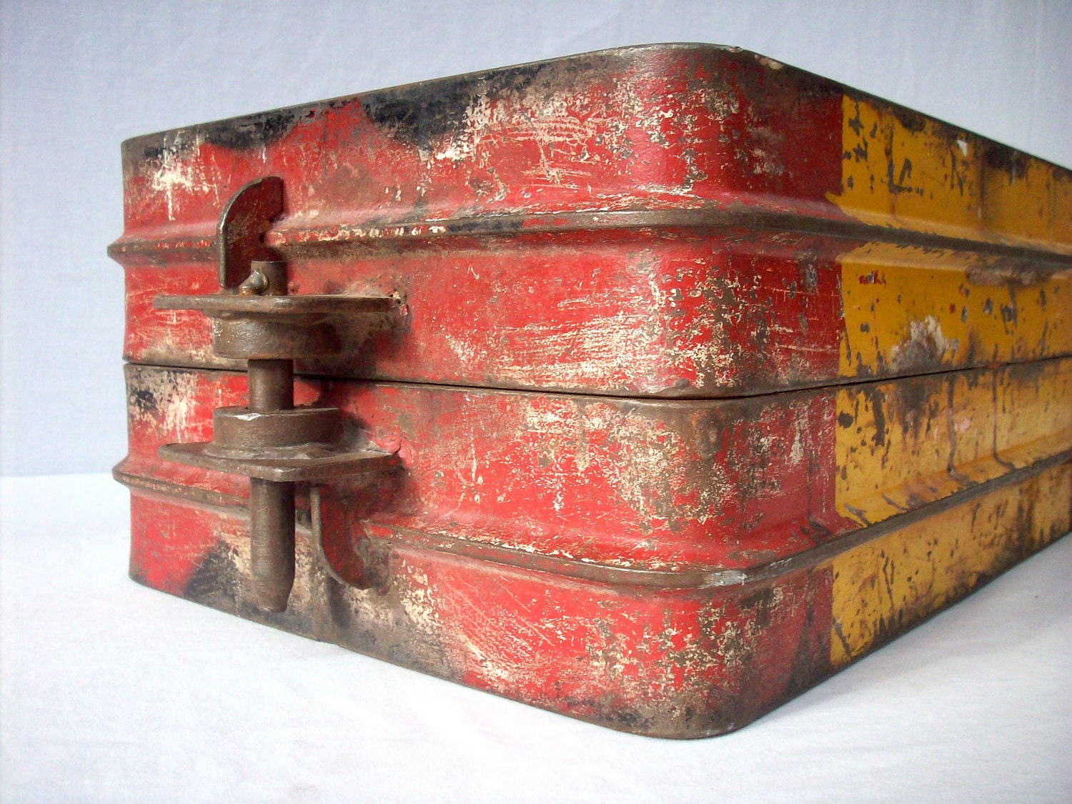 Vintage Industrial Metal Form / Steel / Red and Yellow