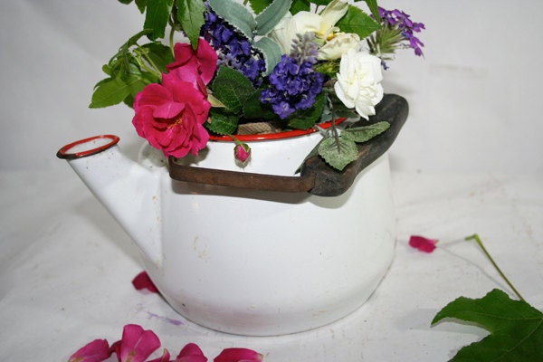 White Enamelware Tea Kettle Vase Planter