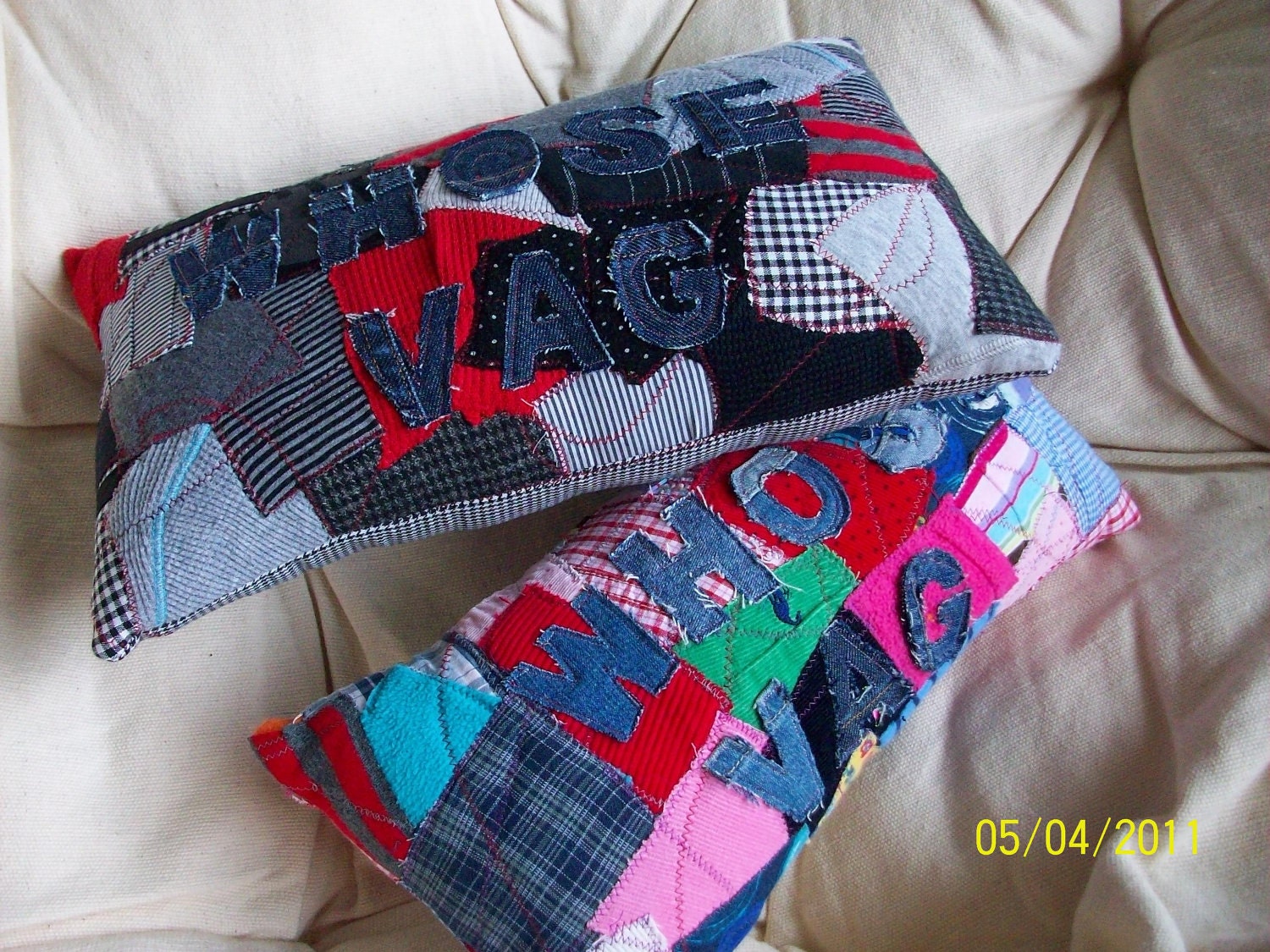 patchwork throw pillow "WHOSE VAG" by Claudia Fill