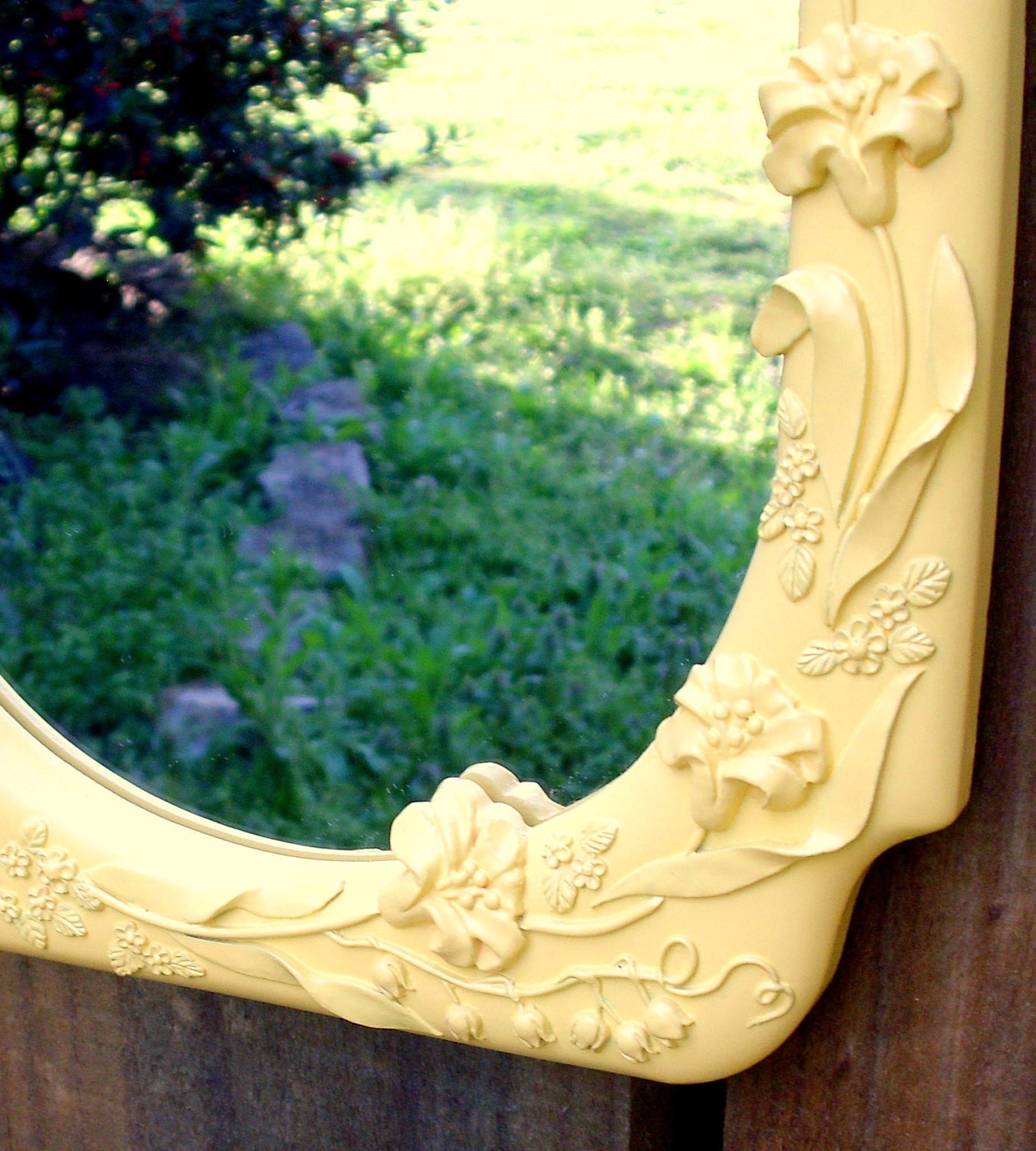 Spring Yellow Mirror - painted upcycled shabby cottage chic - floral detail - garden terrace party - framed mirror