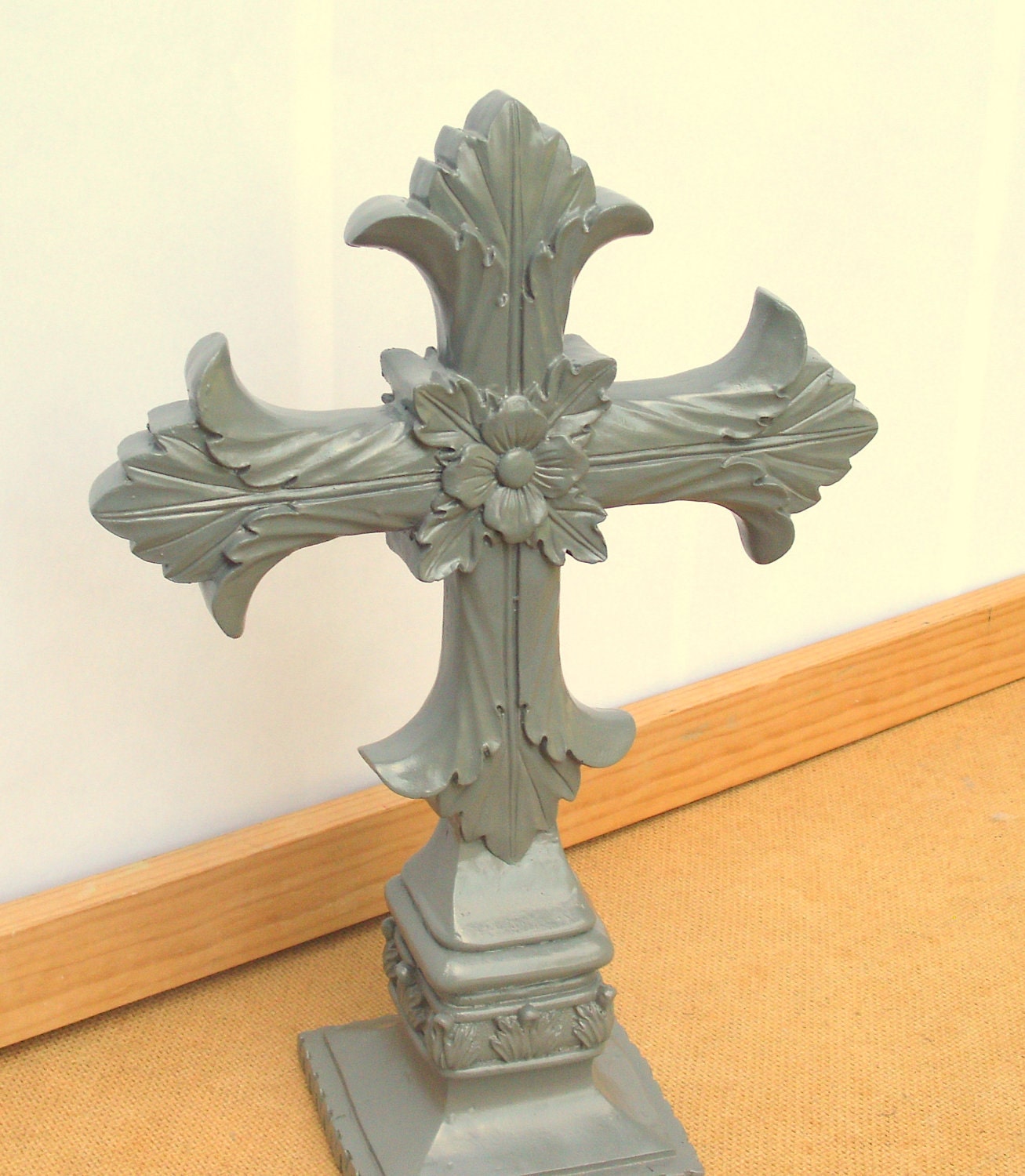 Granite Grey Standing Cross - upcycled painted shabby cottage chic - standing crucifix figurine - slate gray - baroque detail