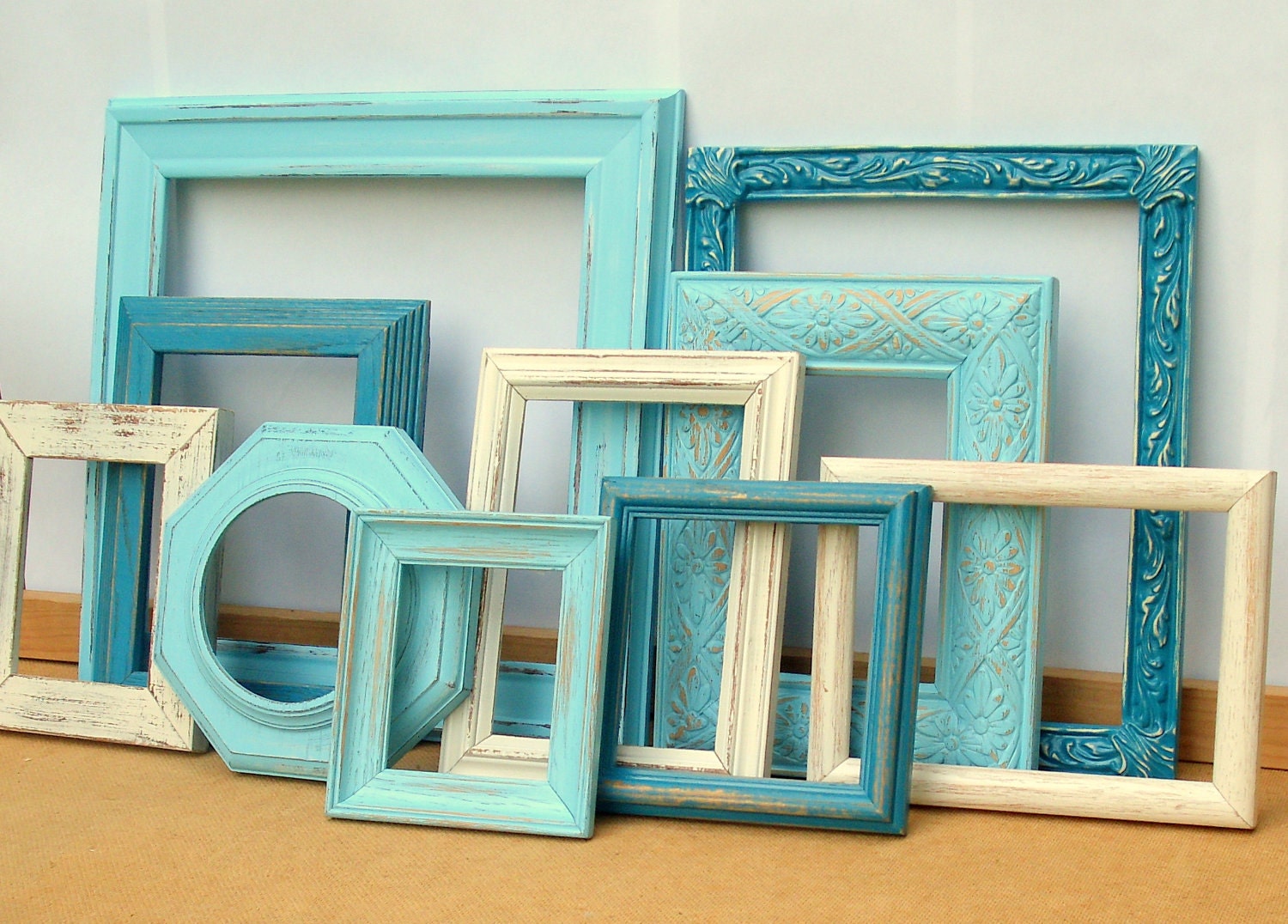 Annapolis Frame Collection - aqua, teal blue, antique white - 10 painted frames -upcycled shabby cottage chic