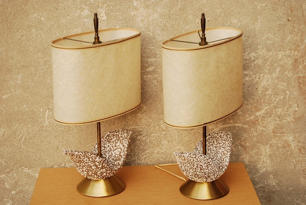 Taupe and White Speckled Tulip Shaped Dresser Lamps