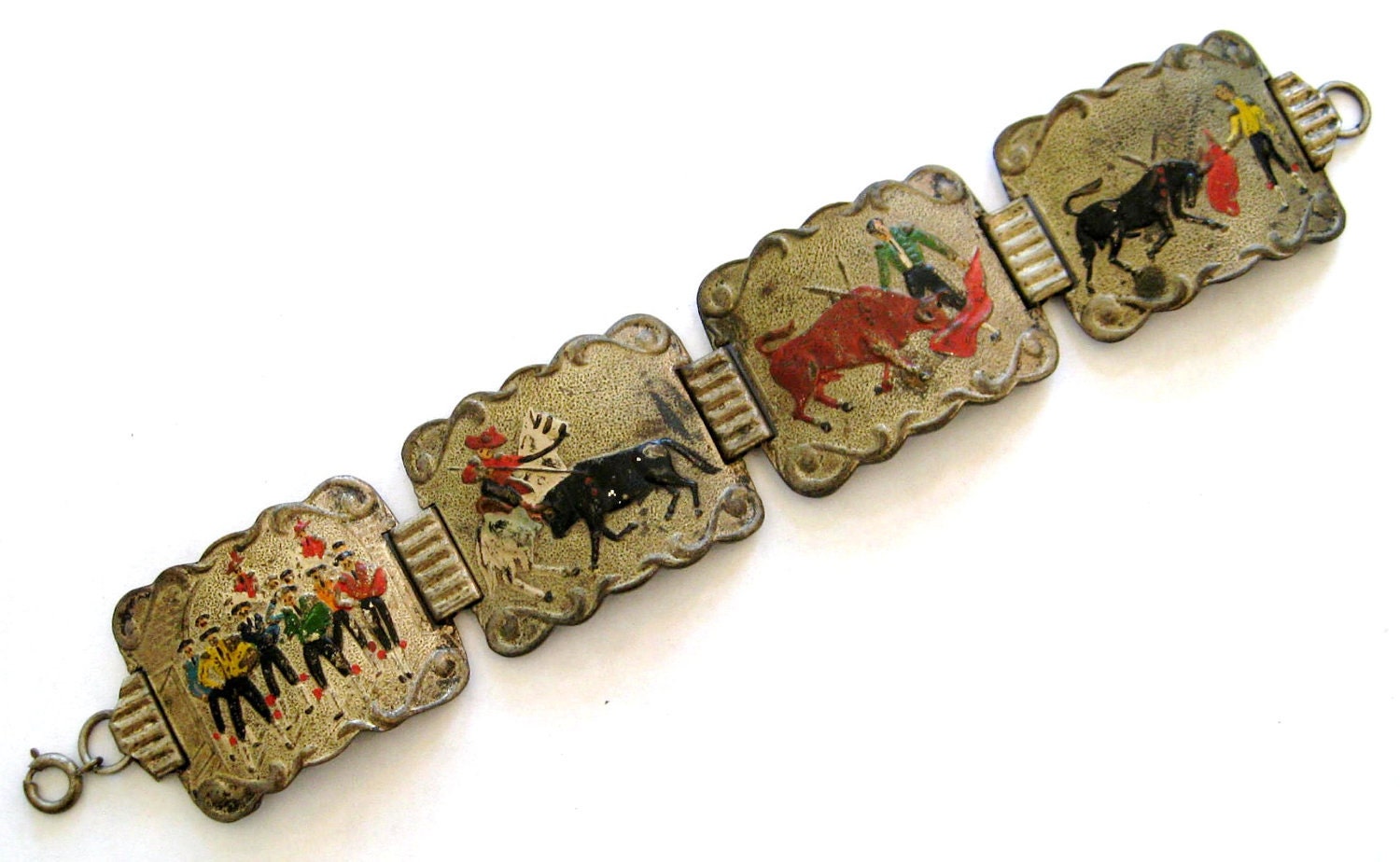 Vintage 40s Silver Spanish Souvenir Matador Bull Fight Enamel Story Panel Bracelet