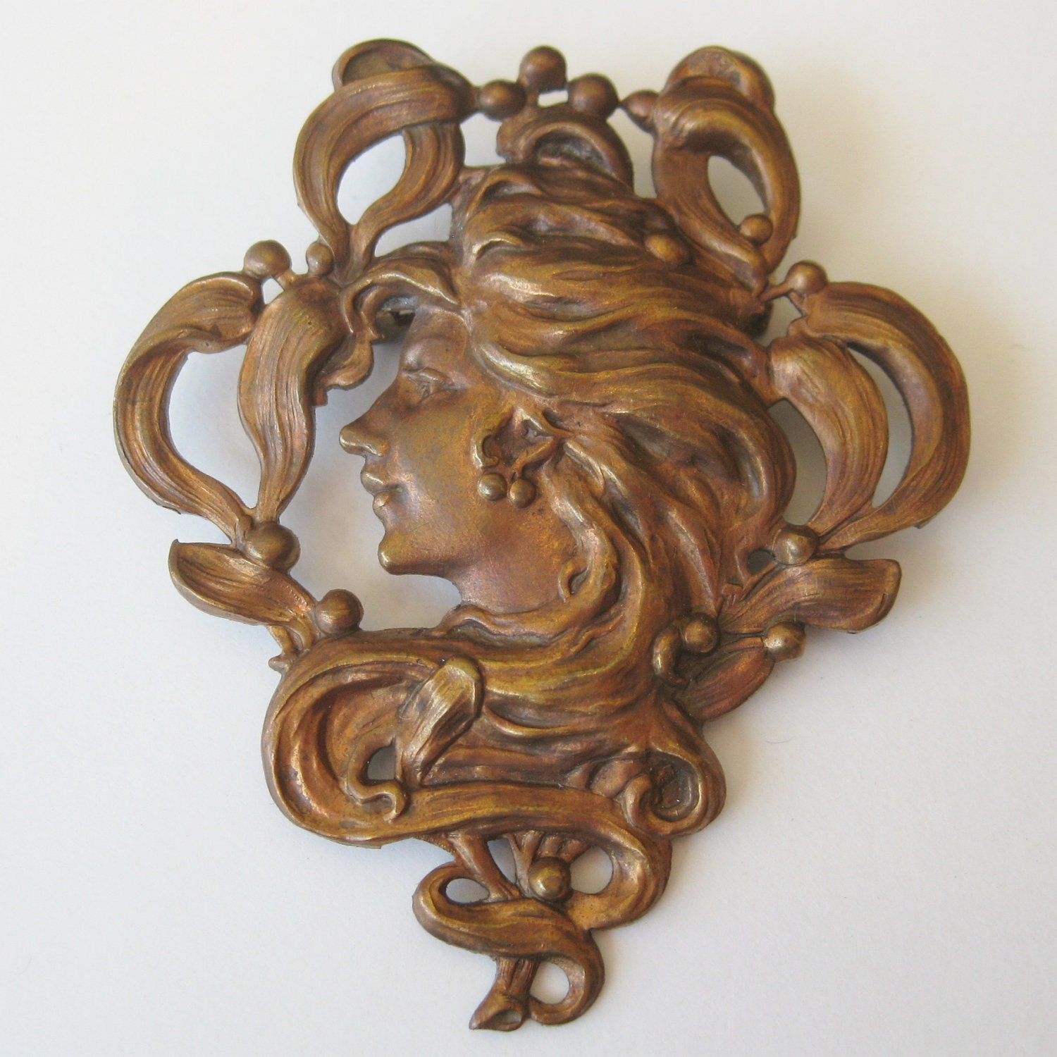 Vintage Antique Art Nouveau Repousse Copper Filigree Lady Face Swirling Hair Brooch Pin