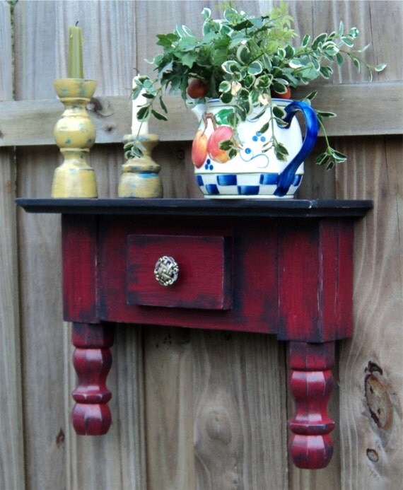 Primitive Wall Shelf Rustic Red Farm House by