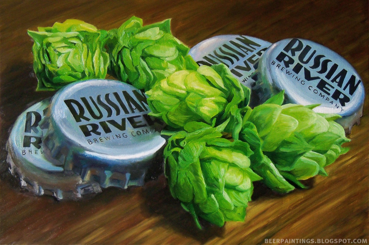 Russian River caps and Hops - Original oil painting on panel - beer art