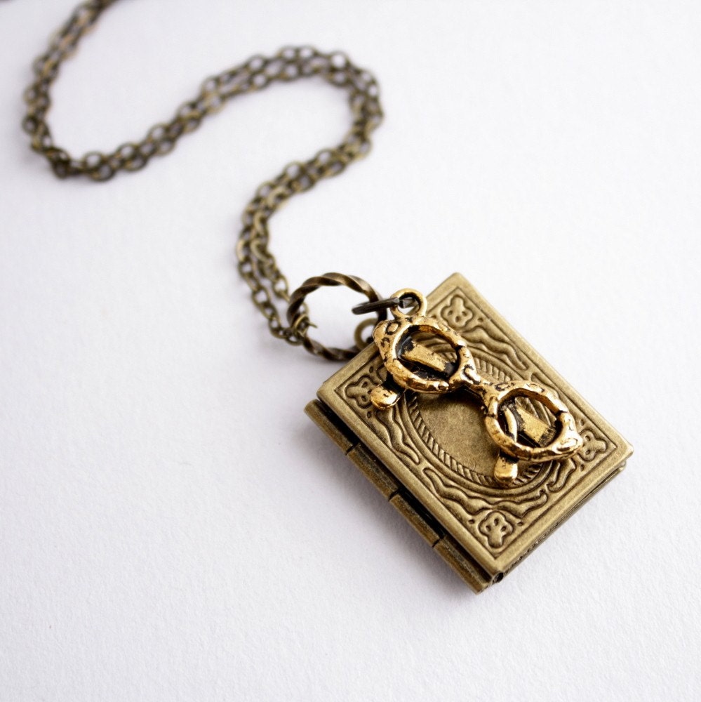 Book Locket Necklace Antique Brass - Book Worm