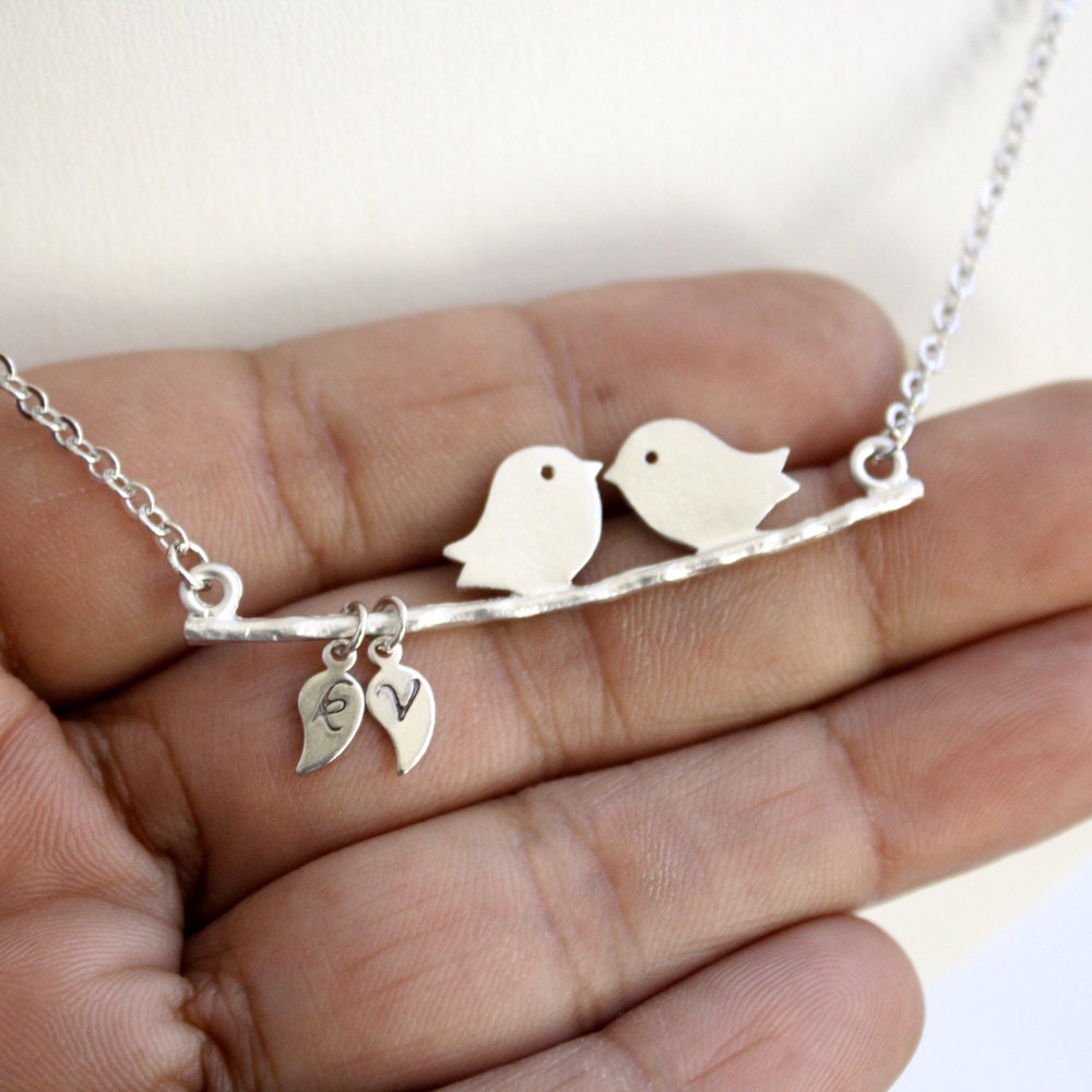 Personalized Necklace Lovebird Necklace Custom Initial Leaf Silver Initial Jewelry