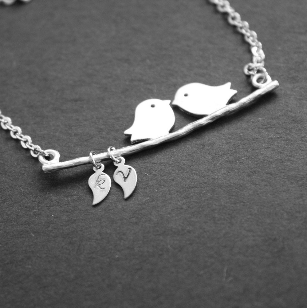 Personalized Necklace Lovebird Necklace Custom Initial Leaf Silver Initial Jewelry