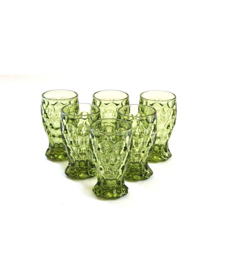 6 Vintage Imperial Provincial Verde Green Glass 5 oz. Footed Tumblers