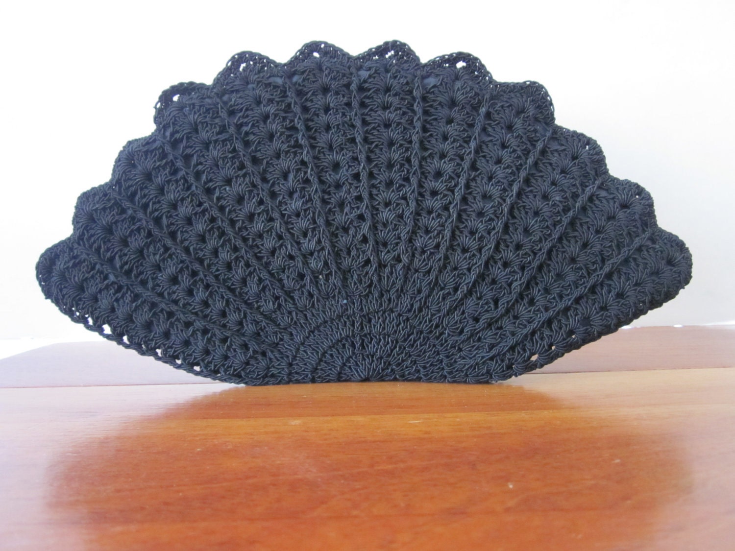 1940s Black Crochet Corde Clutch Scalloped Edge Fan or Shell Shape Bag