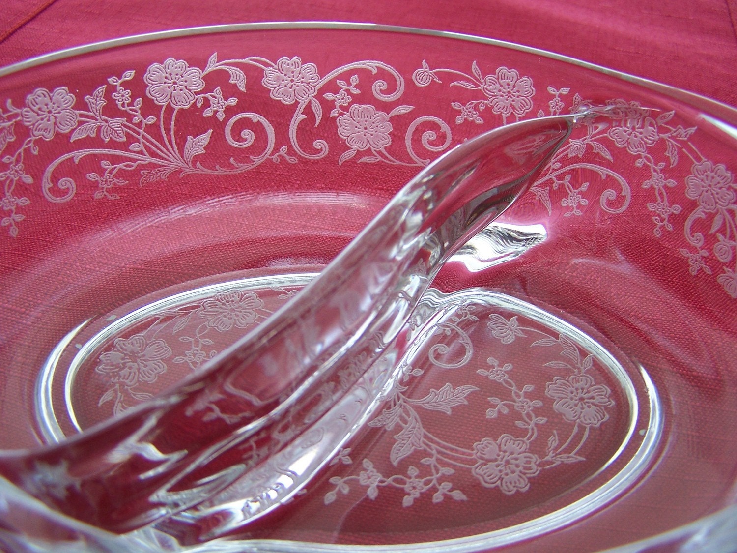 Fostoria Buttercup Divided Serving Relish Dish Etched Glass Clear Crystal Floral Design