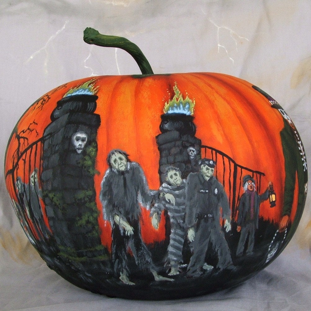Halloween Voodoo Magic, witchdoctor, zombies, cemetery, gourd, 8 inches tall, 9 1/2 inches diameter