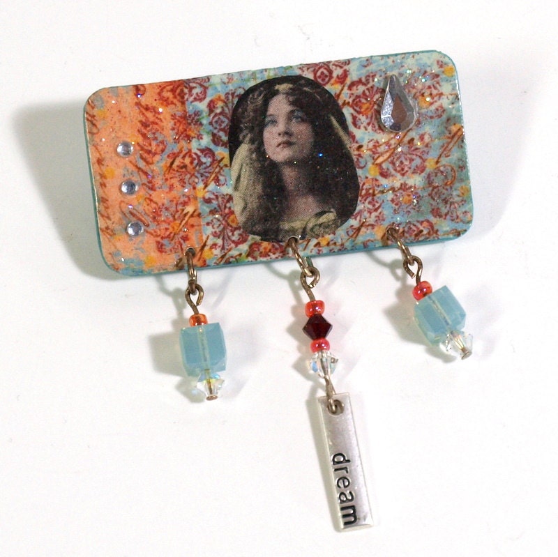 Lapel Pin Decoupaged Brooch Vintage Woman Crystal Pale Aqua Peach Collaged Mixed Media Wearable Art