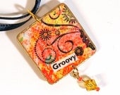 Decoupaged Pendant Necklace Boho Jewelry Groovy Hippie Bohemian Jewelry Summer Jewelry Summer Fashion Orange Peach Yellow