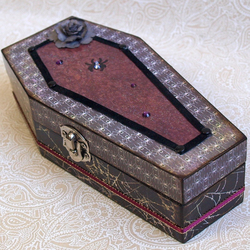 Gothic Halloween Jewelry Box Coffin Shape Decoupaged Goth Casket Keepsake Box with Spiders