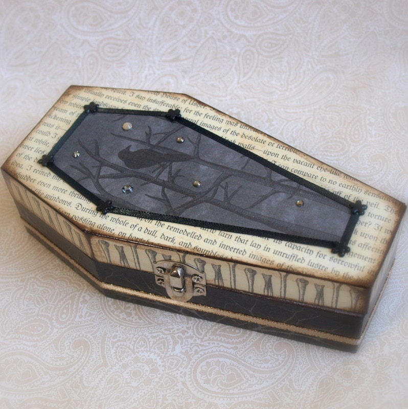 Coffin Jewelry Box Spooky Decoupaged Keepsake Box Gothic Halloween Decoration with Raven and Edgar Allan Poe Black Gray