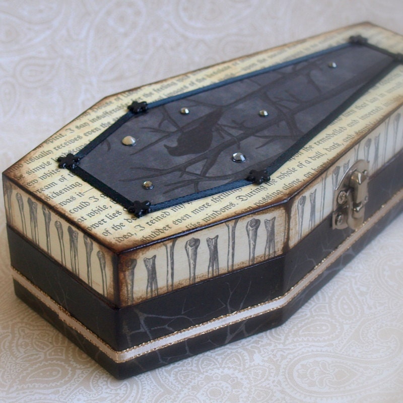 Coffin Jewelry Box Spooky Decoupaged Keepsake Box Gothic Halloween Decoration with Raven and Edgar Allan Poe Black Gray