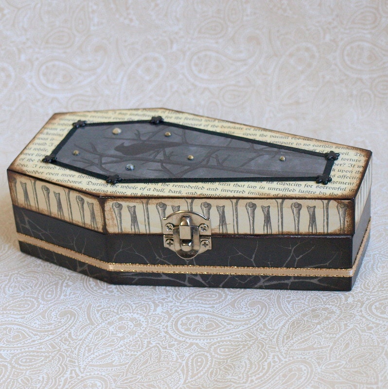 Coffin Jewelry Box Spooky Decoupaged Keepsake Box Gothic Halloween Decoration with Raven and Edgar Allan Poe Black Gray