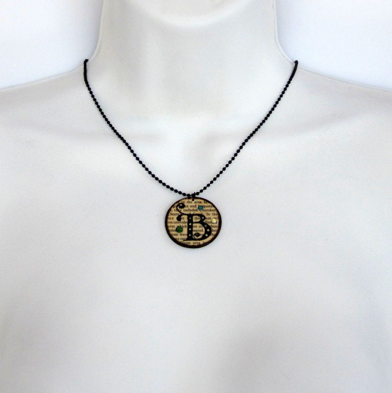 Personalized Necklace Initial Jewelry Pendant Monogram Swarovski Crystals Dictionary Librarian Teacher