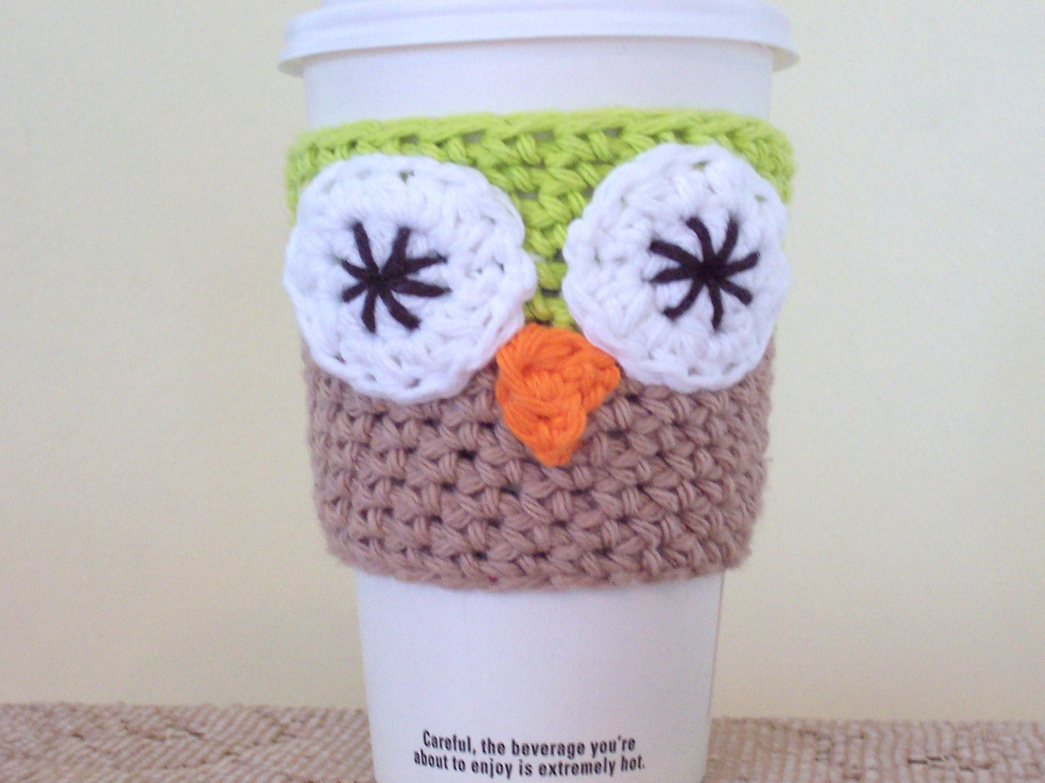 Owl Coffee Cozy / Crochet Cotton Cup Sleeve