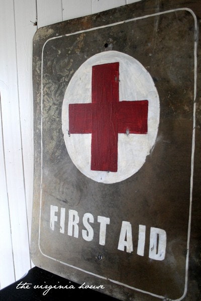 FIRST AID Metal Sign Hand Painted Primitive Distressed
