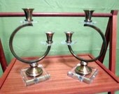 oN sALE  Hollywood regency pair LUCITE BRASS candle holders mid century modern THORPE