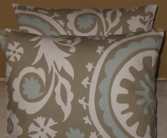 New Two Throw Pillow Covers 18 x 18 Suzani Powder Blue and Taupe