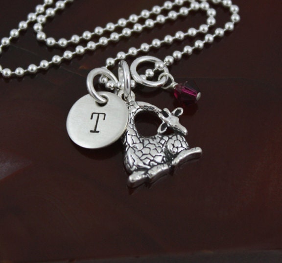 My Petite Giraffe -  Initial Necklace -  Hand Stamped Sterling Silver  Personalized Giraffe  Necklace