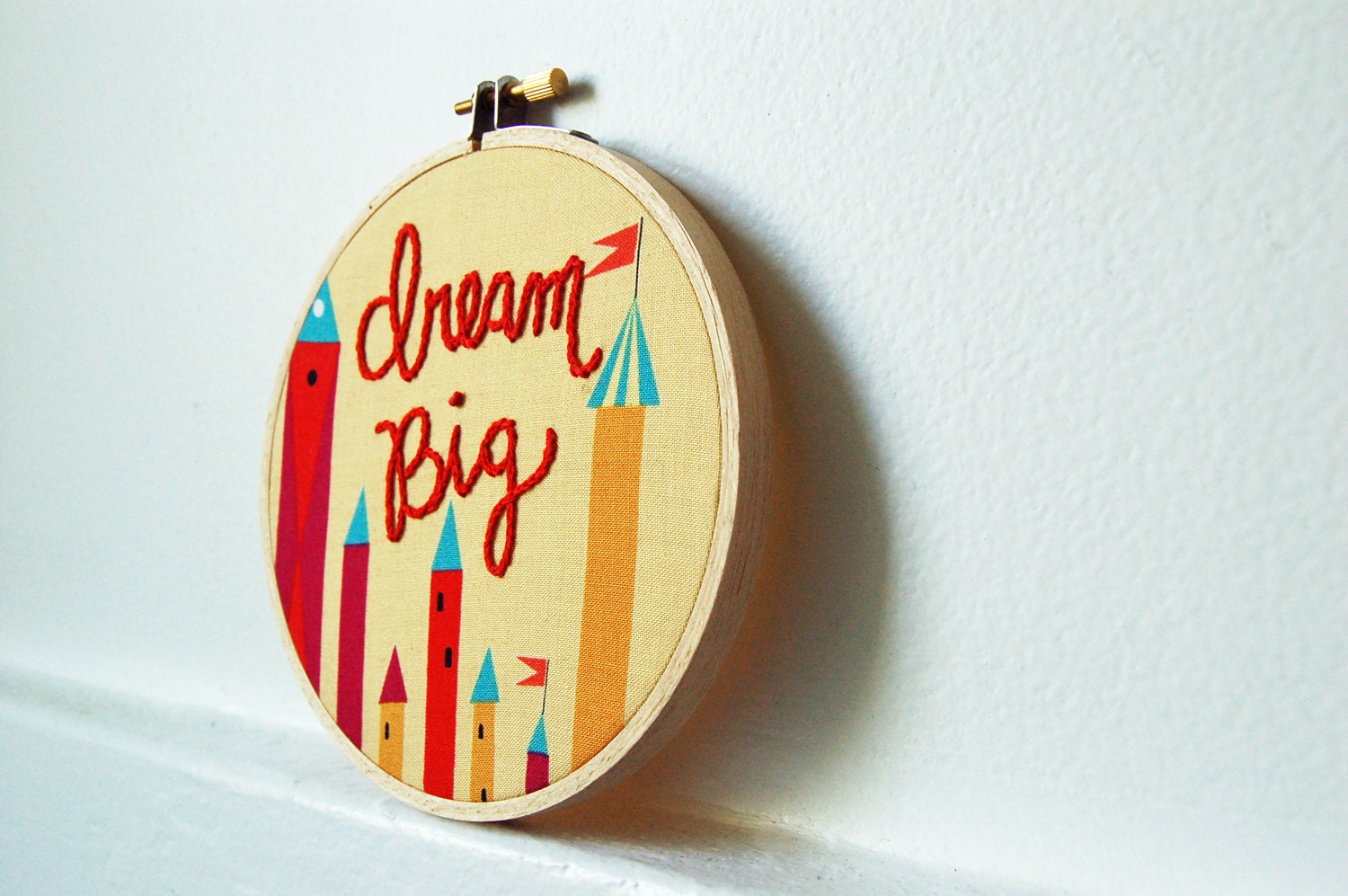 Dream Big. Whimsical Fairy Tale Castles, Hand Embroidery in 5 inch Hoop. Yellow, Red. By merriweathercouncil on Etsy