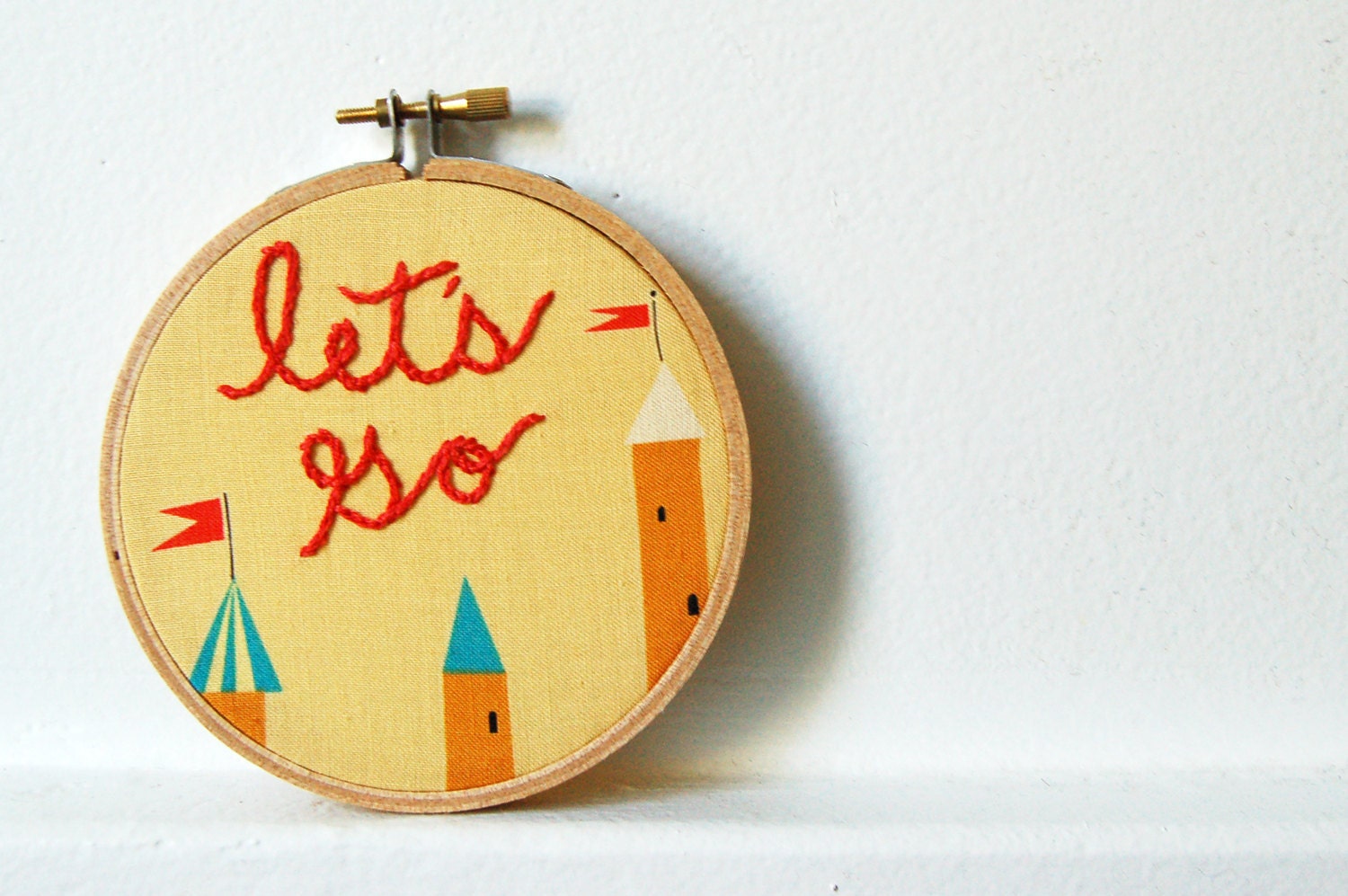 Hand Embroidery in 4 inch Hoop. Lets Go. Whimsical Fairy Tale Castles. Handmade by merriweathercouncil on Etsy