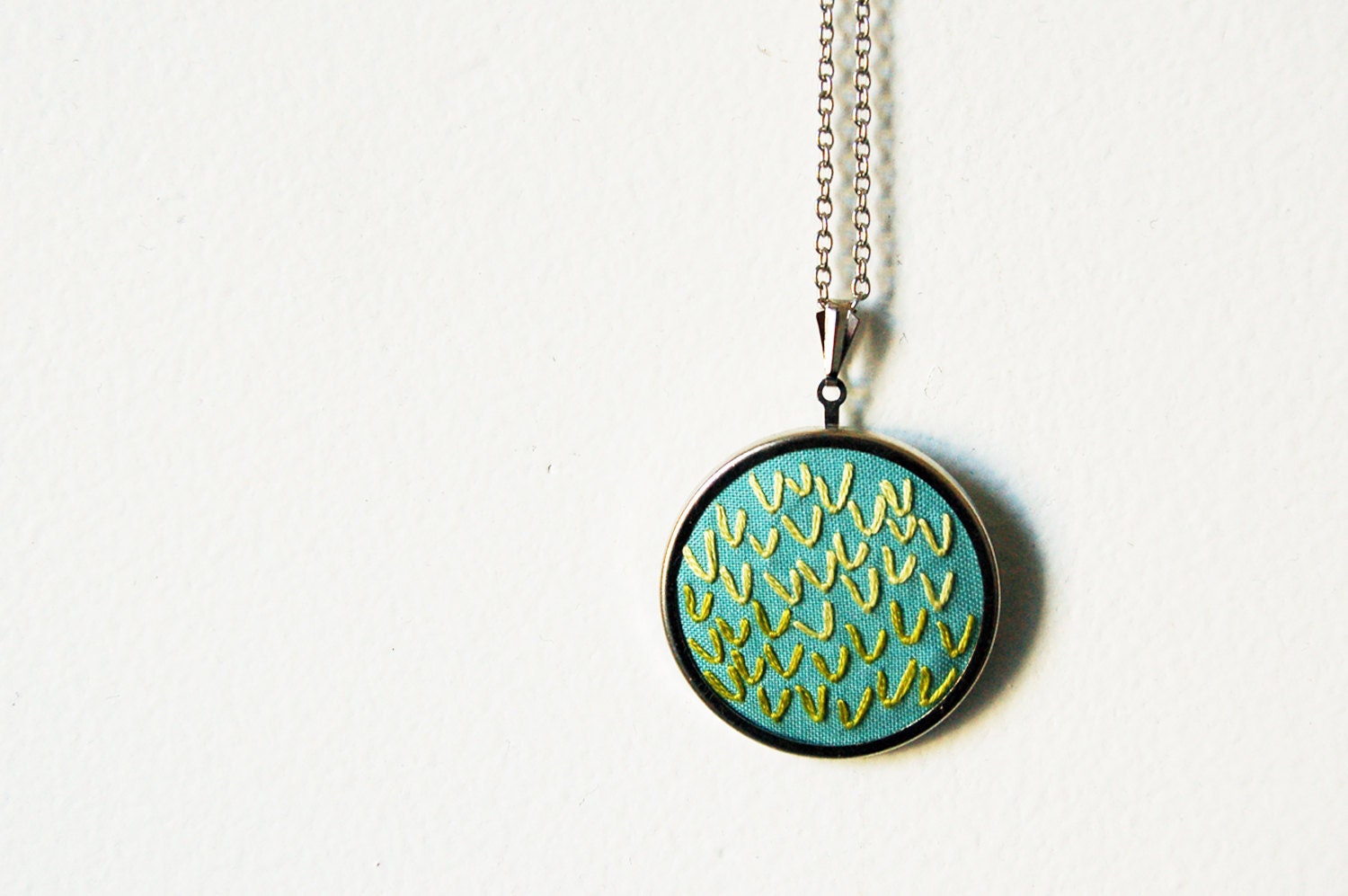 Hand Embroidered Long Necklace. Circle Pendant, 24 inch Chain. Aqua, Yellow, Teal, Green. One of a Kind. by merriweathercouncil on Etsy