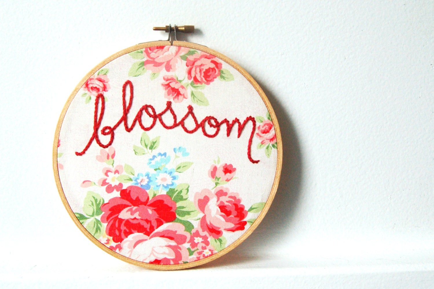 Embroidery Hoop Art. Blossom. Hand Embroidered. 6 inch Hoop. Vintage Inspired Floral Fabric. Handmade by merriweathercouncil on Etsy