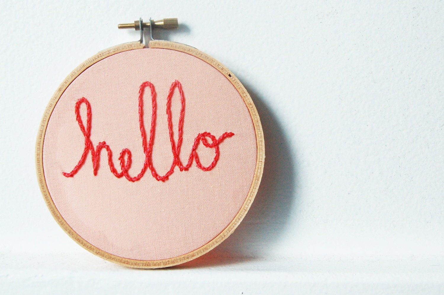 Hand Embroidery Hoop Wall Art. Hello. Light Peach and Coral Red. // by Merriweather Council