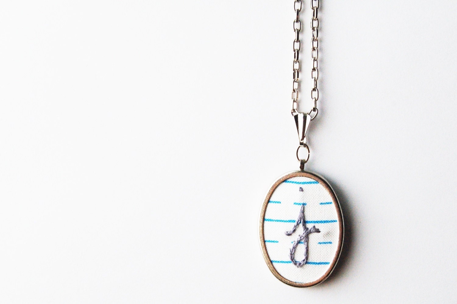Hand Written. Embroidered Initial Necklace. On Lined Notebook Paper Fabric.  Hand Embroidery for Teacher. by merriweathercouncil on Etsy.