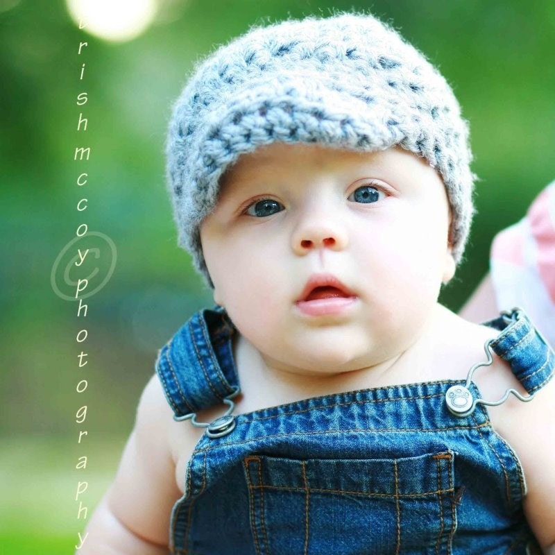 Baby Toddler Accessories, Baby Boy Beanie Hat with Visor, Children Clothing, Crochet Chunky Style - Gray/Silver (or choose your color)